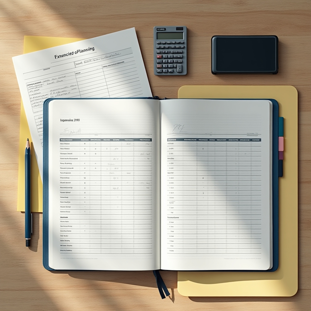 Organized financial documents and planning tools on a clean desk surface