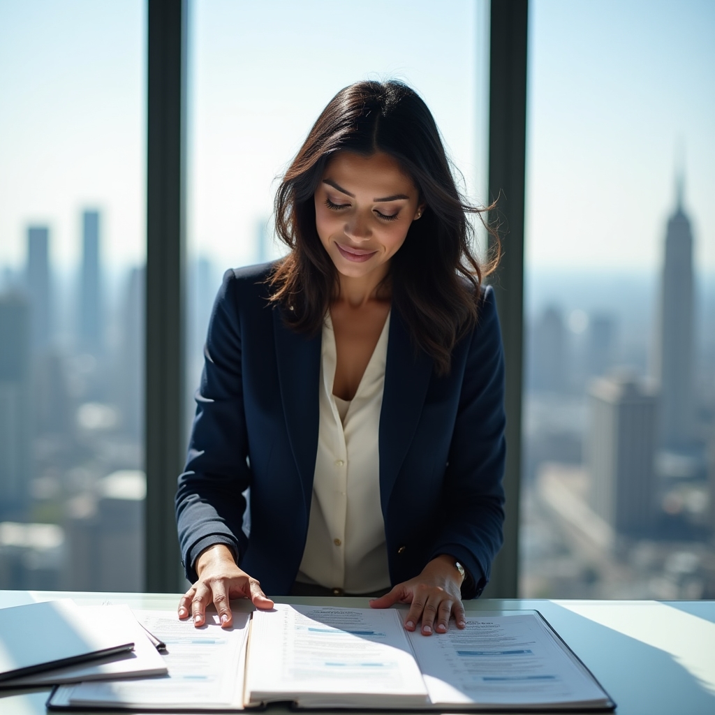 Woman confidently working through financial planning materials at a desk with organized documents and a focused demeanor
