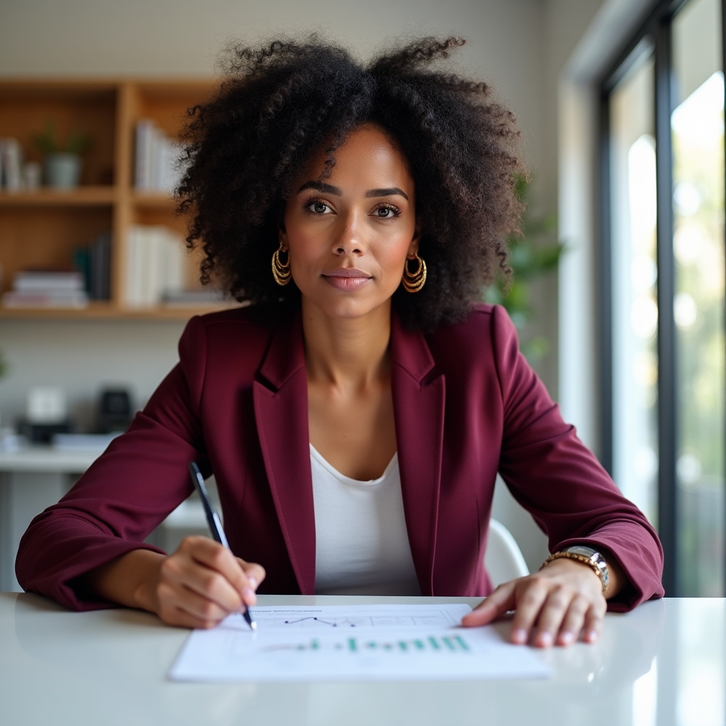 Confident woman reviewing financial planning documents at a modern workspace, focused and determined expression